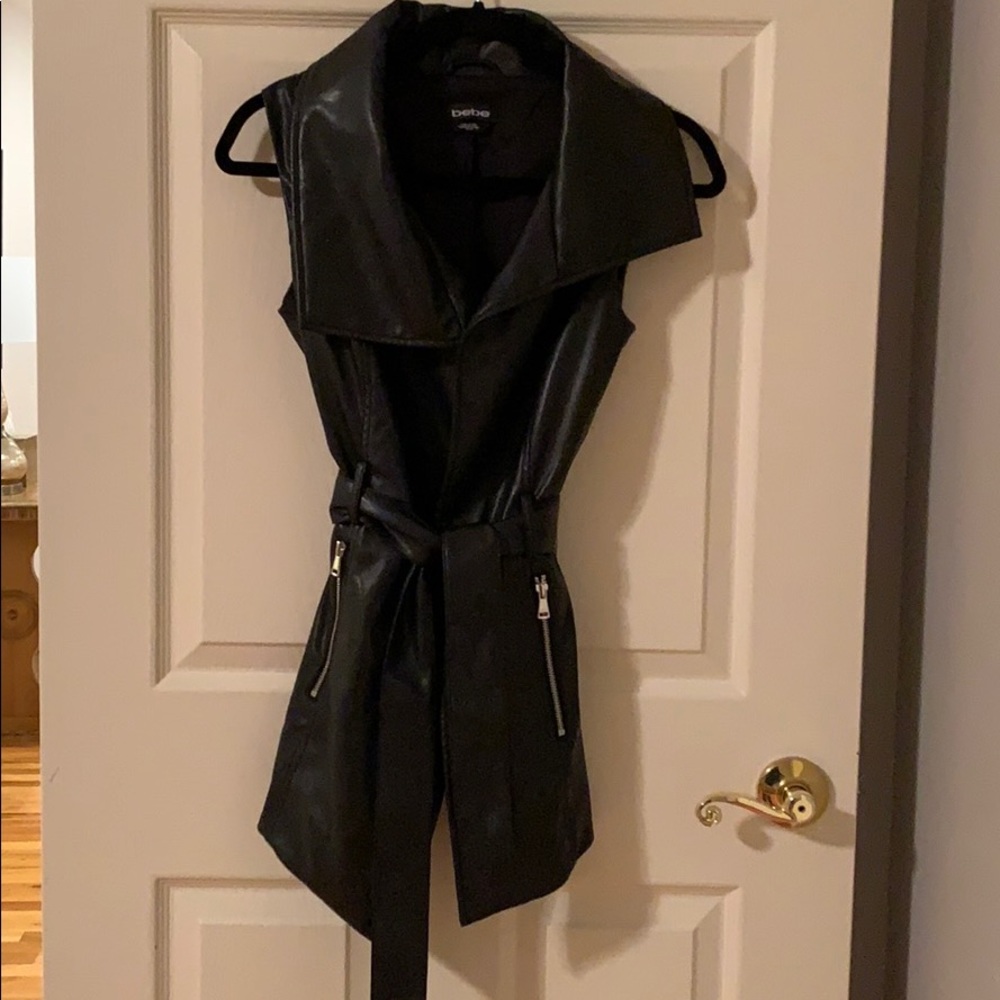 Bebe Black leather vest with tie belt ca